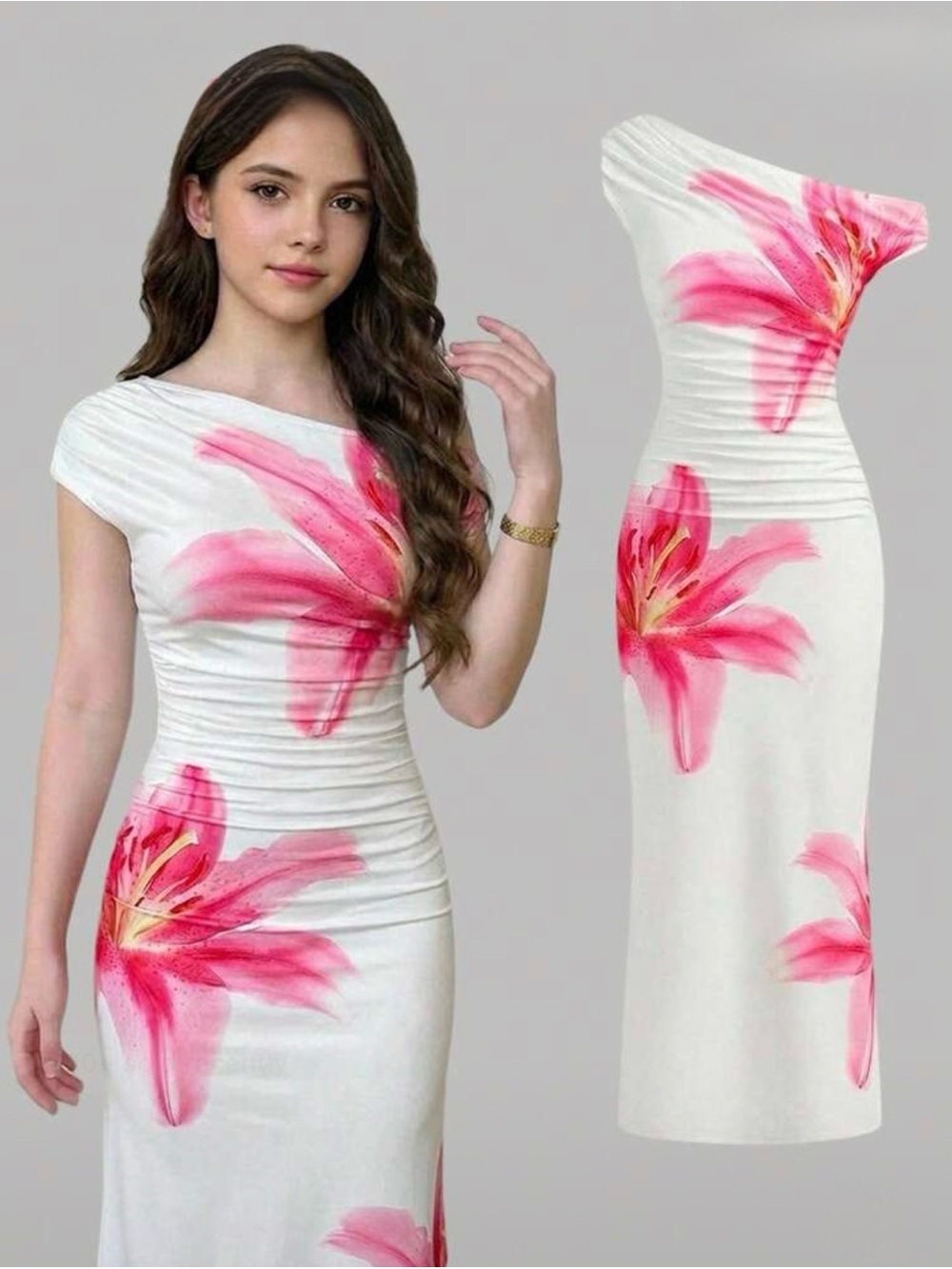 Elegant Summer White Dress with Pink Floral Print with Off the Shoulder
